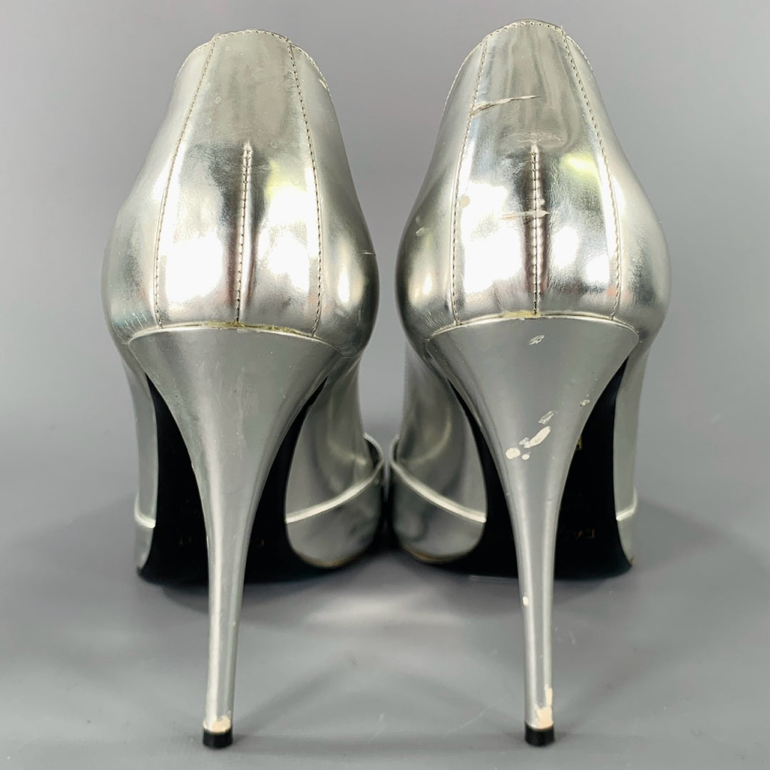 BALMAIN Size 6 Silver Patent Leather Peep Toe Heels Pumps
