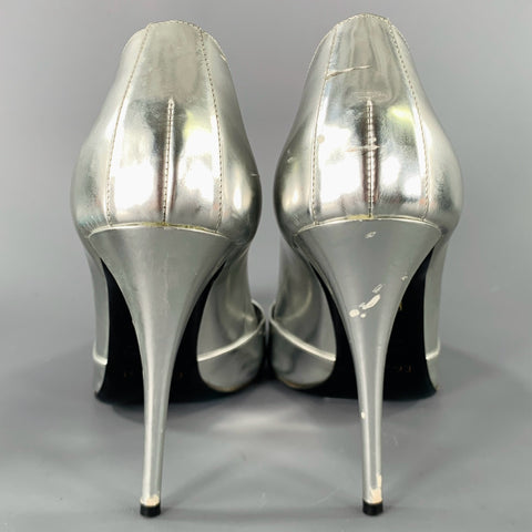 BALMAIN Size 6 Silver Patent Leather Peep Toe Heels Pumps