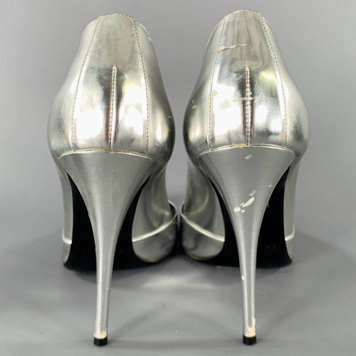 BALMAIN Size 6 Silver Patent Leather Peep Toe Heels Pumps