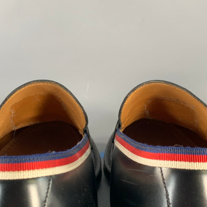 GUCCI Size 10.5 Black Red Blue Contrast Trim Leather Penny Loafers