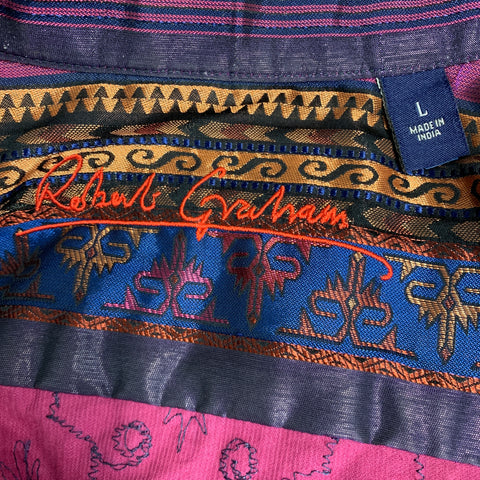 ROBERT GRAHAM Size L Magenta Blue Embroidery Cotton Button Up Long Sleeve Shirt