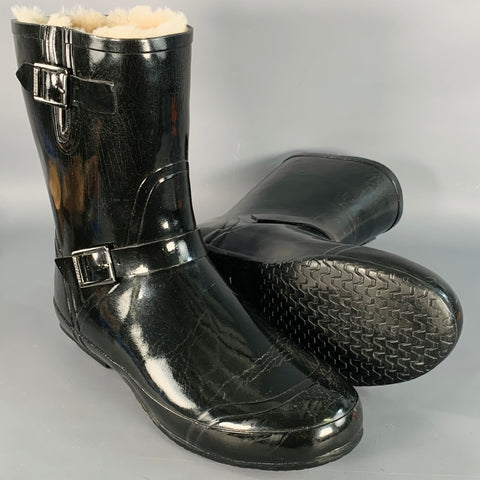 BURBERRY Size 10 Black Rubber Shearling Lined Rain Boots