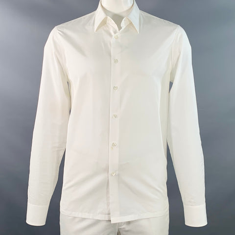 PRADA Size L White Cotton Curved Cutaway Button Up Long Sleeve Shirt