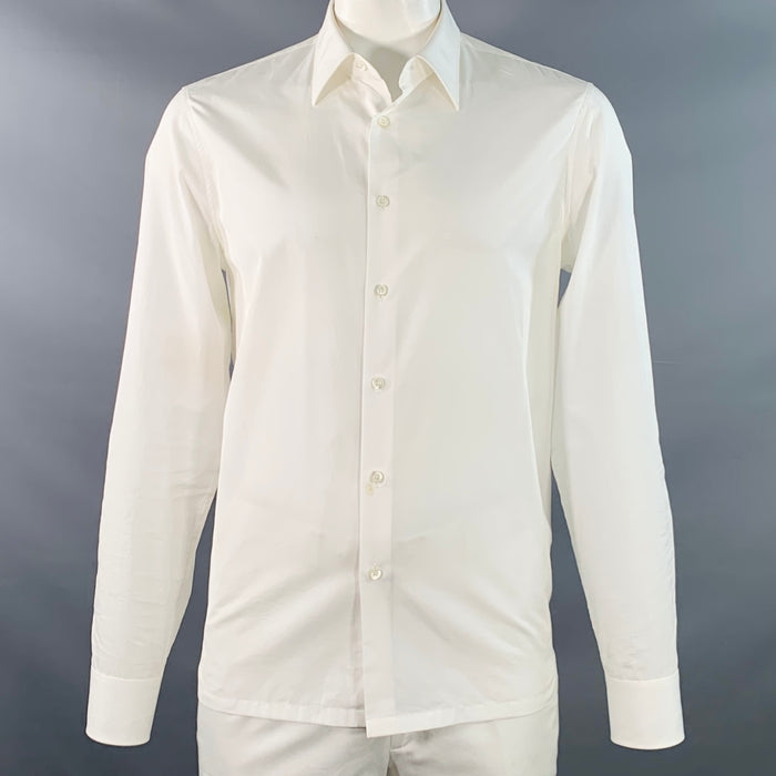 PRADA Size L White Cotton Curved Cutaway Button Up Long Sleeve Shirt