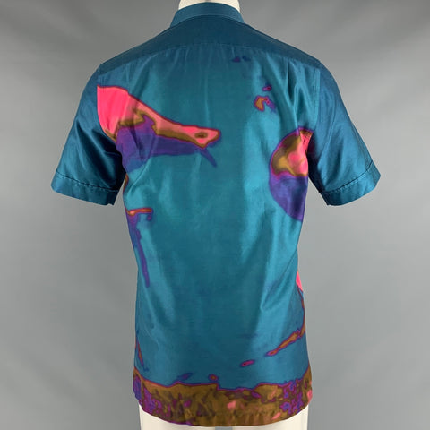 PAUL SMITH Size S Blue Pink Watercolor Cotton One Pocket Short Sleeve Shirt