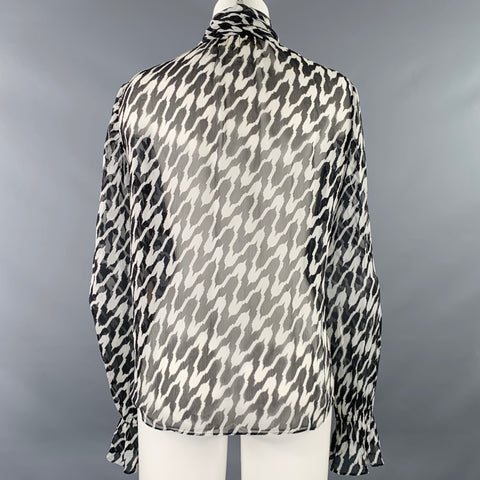 DIANE VON FURSTENBERG Size S Black White Silk Chiffon Marbled Pussybow Blouse