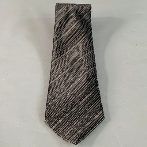 BRIONI One Size Black Grey Diagonal Stripe Silk Satin Tie