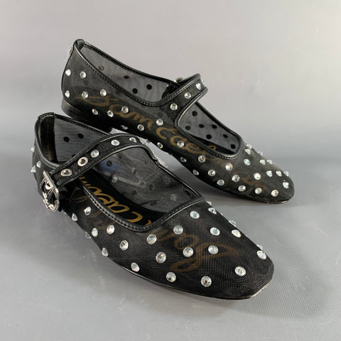 SAM EDELMAN Size 7.5 Black Silver Mesh Studded Mary Jane Flats