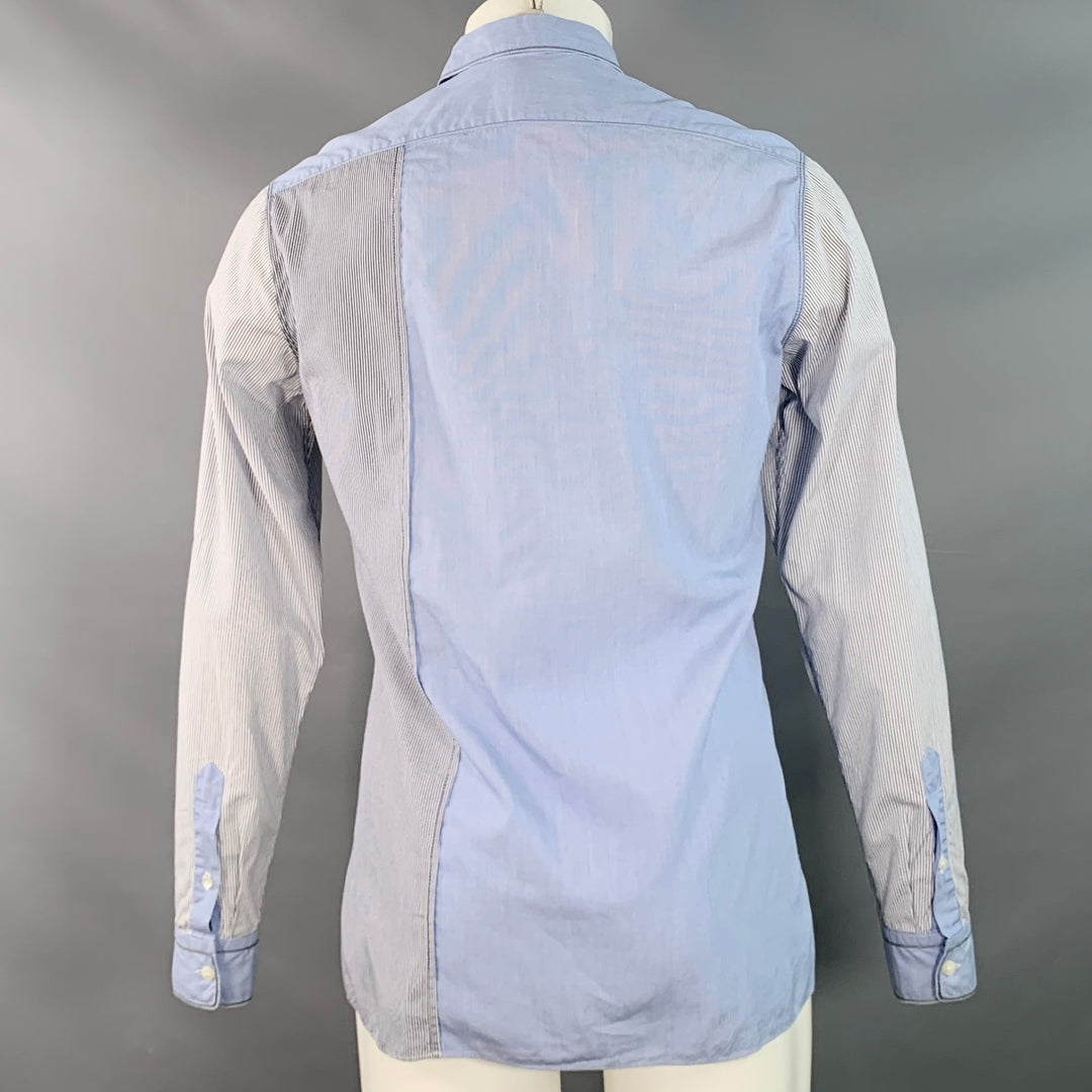 LANVIN Size S White Blue Navy Patchwork Stripe Cotton One Pocket Long Sleeve Shirt