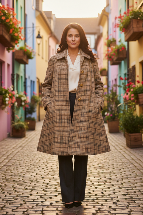 CELINE Size 6 Khaki Brown Olive Wool Blend Plaid Raglan Sleeve Coat