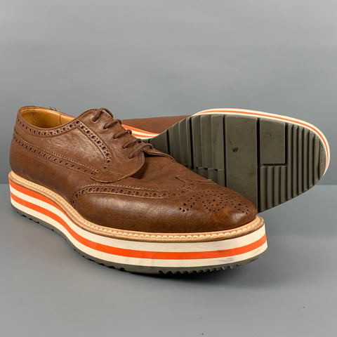 PRADA Size 9.5 Brown Perforated Leather Platform Lace-Up Shoes