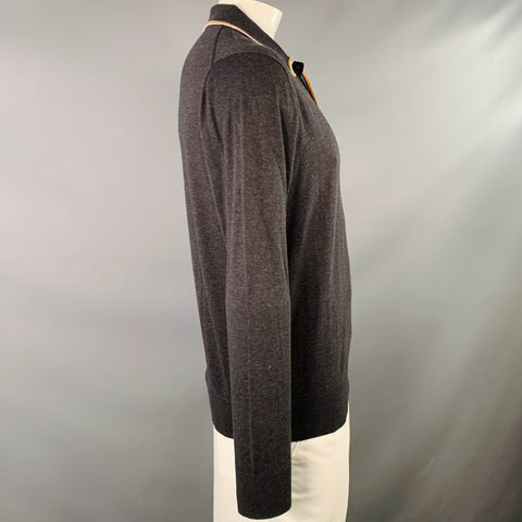 PAUL SMITH Size L Grey Contrast Trim Cotton Merino Wool Long Sleeve Polo
