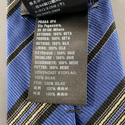 PRADA Blue Black White Diagonal Stripe Silk Tie