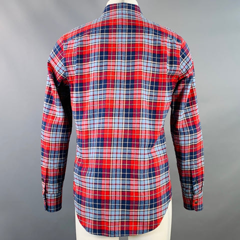 MONCLER Size M Blue Navy Red Plaid Cotton Button Down Collar Long Sleeve Shirt