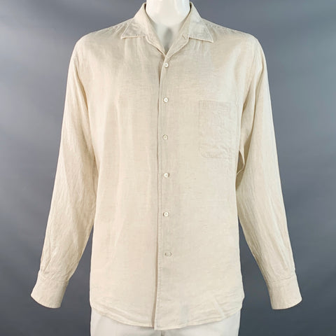 LORO PIANA Size XXL Beige Linen Relaxed Fit One Pocket Long Sleeve Shirt