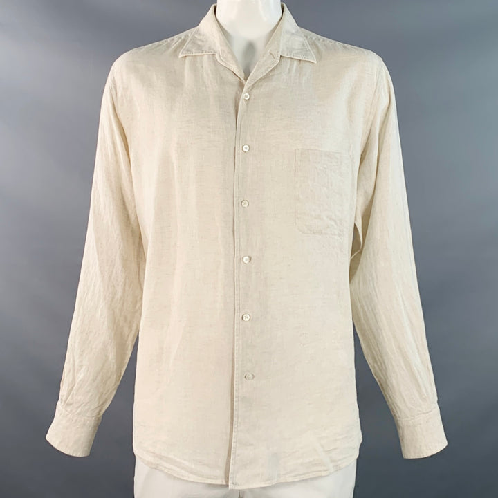 LORO PIANA Size XXL Beige Linen Relaxed Fit One Pocket Long Sleeve Shirt