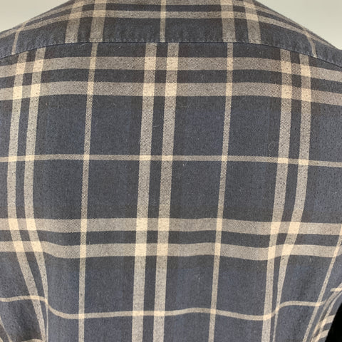 BURBERRY Size L Navy Grey Plaid Cotton Button Up Long Sleeve Shirt