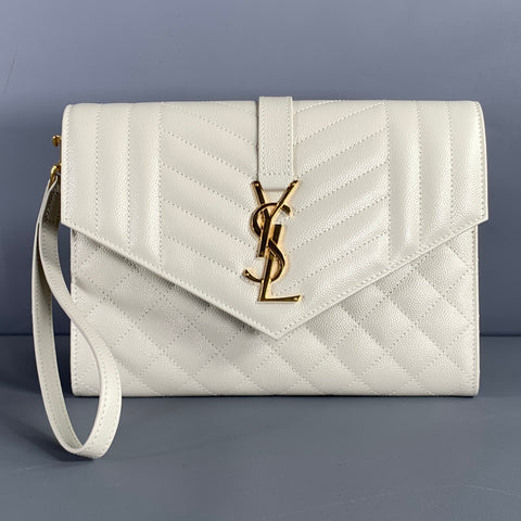 SAINT LAURENT Cream Gold Quilted Leather Clutch Handbag