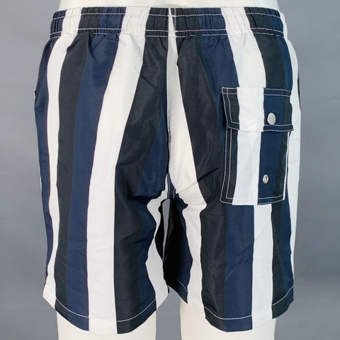 BATHER Size S Black Navy White Stripe Nylon Blend Drawstring Swim Trunks