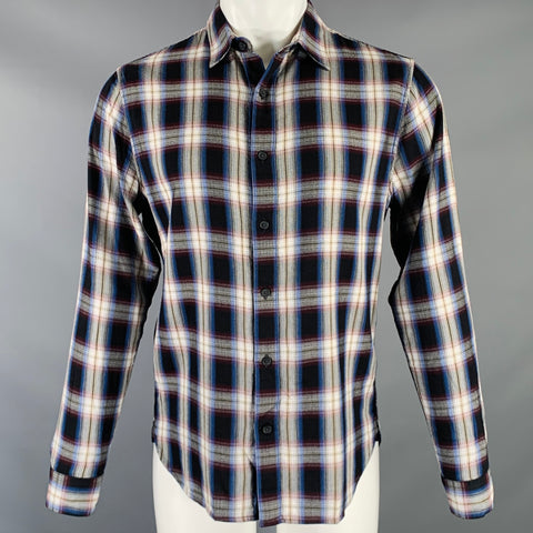 VINCE Size S Black Red Plaid Cotton Blend Spread Collar Long Sleeve Shirt