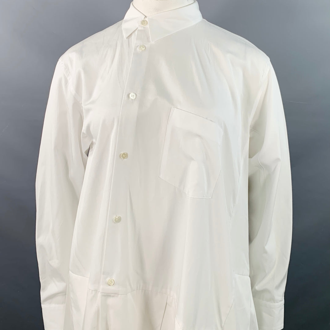 COMME des GARCONS Size L White Cotton Blend Pleated Asymmetrical Shirt Dress Sui Generis Designer Consignment COMME des GARCONS Size L White Cotton Blend Pleated Asymmetrical Shirt Dress Sui Generis Designer Consignment