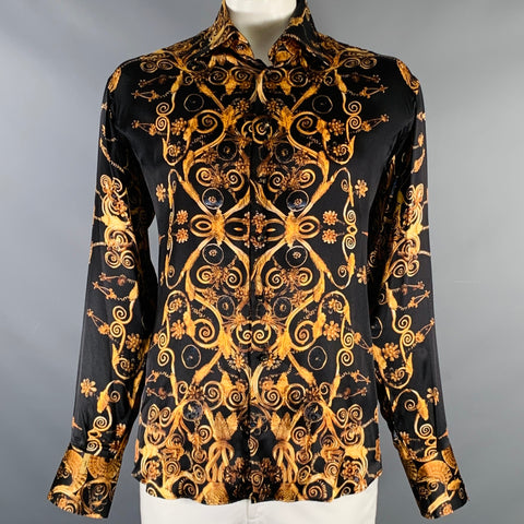 BILLIONAIRE COUTURE Size XL Black Gold Print Silk Long Sleeve Shirt
