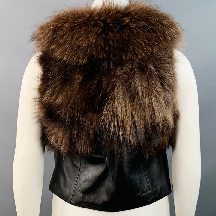 JAYLEY COLLECTION Size 12 Brown Black Leather Fur Trim Open Front Vest