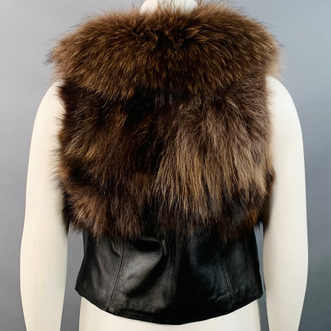 JAYLEY COLLECTION Gilet ouvert en cuir marron et noir avec bordure en fourrure Taille 40