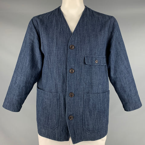 UNIVERSAL WORKS Size L Indigo Cotton Linen Collarless Jacket
