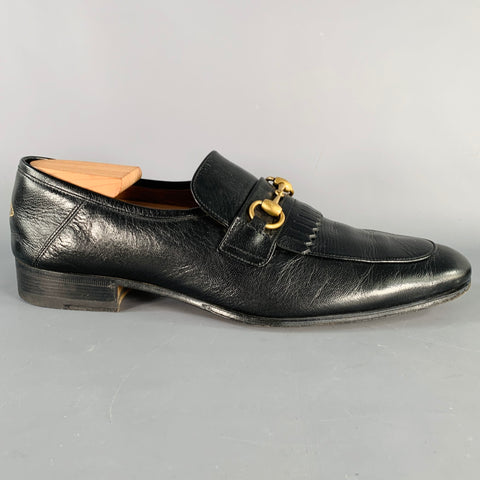 GUCCI Size 10.5 Black Gold Leather Moccasin Loafers