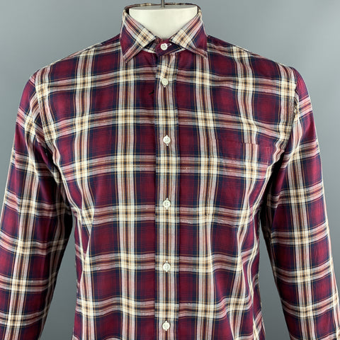 HARTFORD L Burgundy & Brown Plaid Cotton Button Up Long Sleeve Shirt