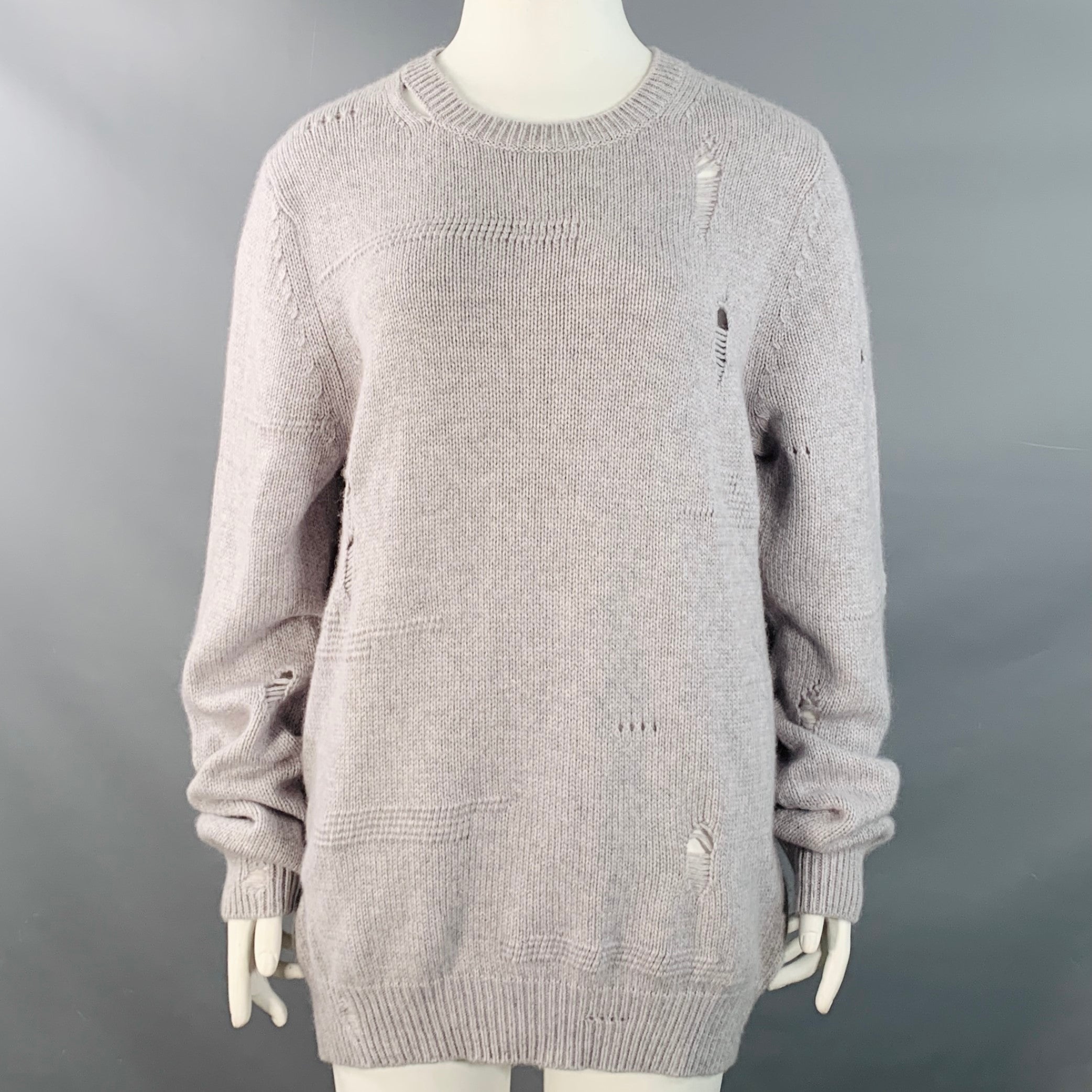 HELMUT LANG Size L Light Grey Wool Yak Cashmere Knit Distressed