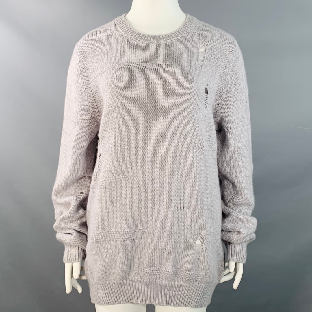HELMUT LANG Size L Light Grey Wool Yak Cashmere Knit Distressed Crew Neck Sweater