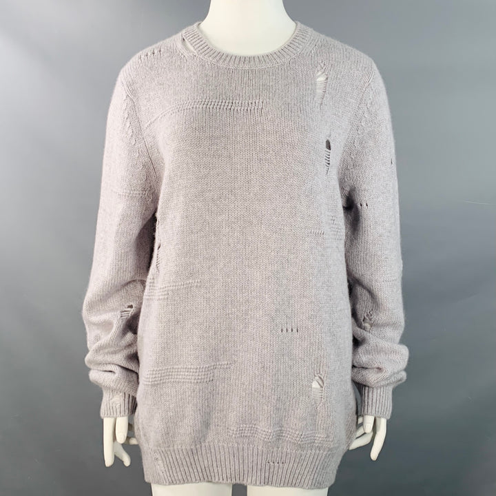 HELMUT LANG Size L Light Grey Wool Yak Cashmere Knit Distressed Crew Neck Sweater