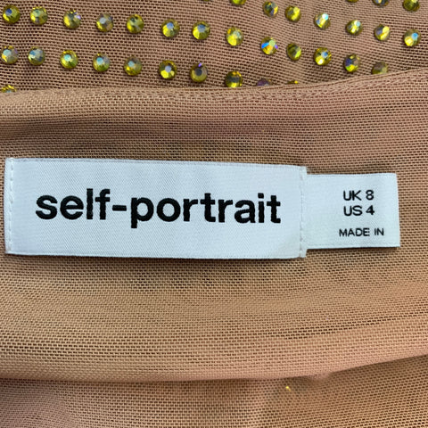 SELF-PORTRAIT Size 4 Beige Polyester Blend Rhinestones Long Cocktail Dress