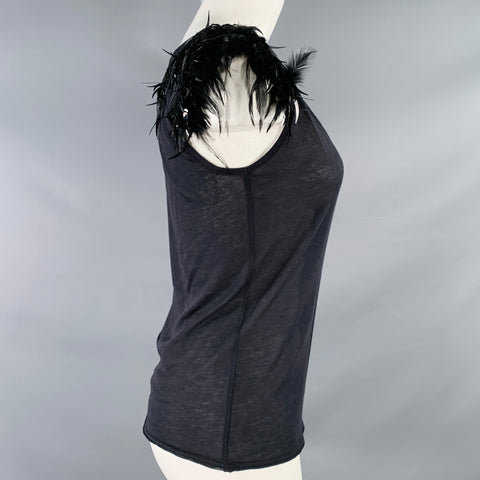 VINTAGE Size S Black Cotton Blend Beaded Feathers Tank Casual Top