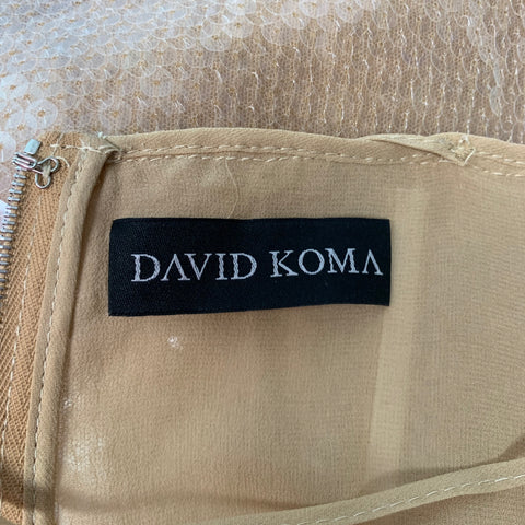 DAVID KOMA Vestido de cóctel con tirantes finos de malla nude beige talla 6