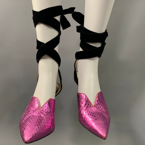 ATTICO Size 8 Purple Black Leather Snake Embossed Pointed Toe Pumps