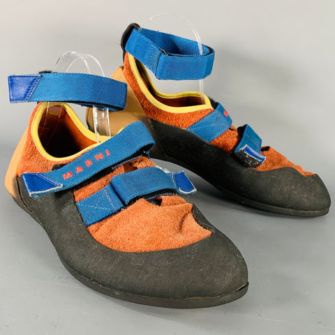 MARNI Size 10 Black Blue Orange Acetate Ankle Strap Hook Loop Sneakers