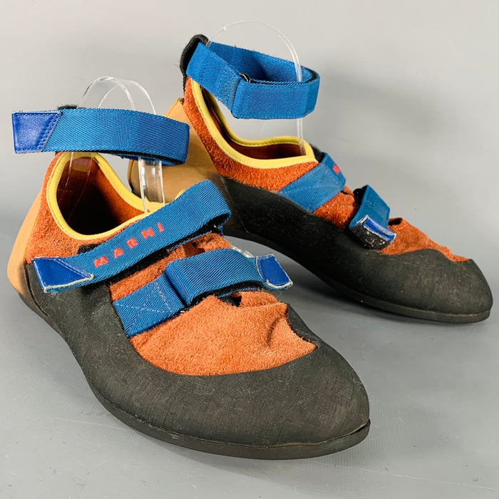 MARNI Size 10 Black Blue Orange Acetate Ankle Strap Hook Loop Sneakers