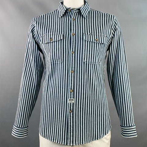 DUBBLE WARE Size L Blue Navy Stripe Cotton Patch Pockets Long Sleeve Shirt