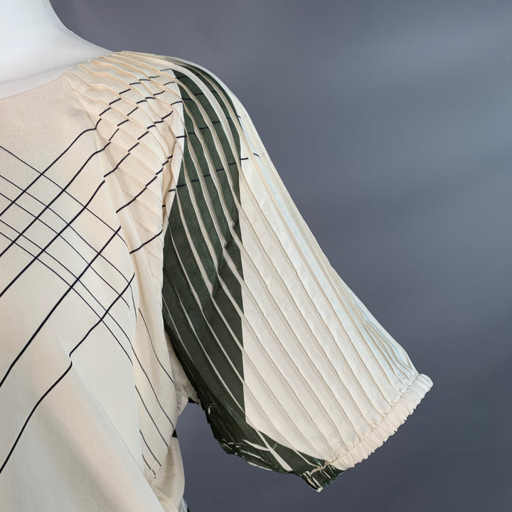COTELAC Size 2 Cream Green Polyester Stripe Asymmetrical Pleated Casual Top