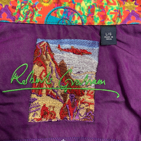 ROBERT GRAHAM Size L Black White Orange Applique Cotton Long Sleeve Shirt