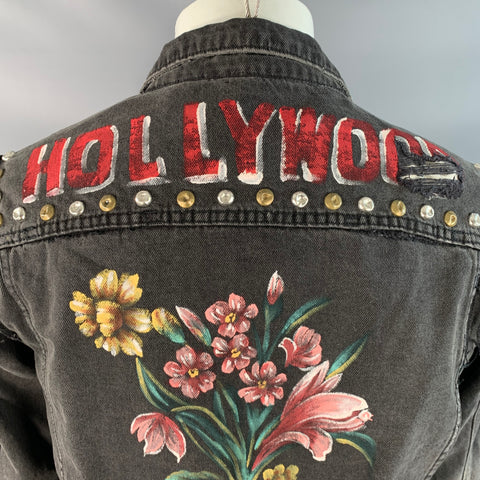 GUCCI Size M Hollywood Grey Painted Cotton Distressed Studded Denim Jacket