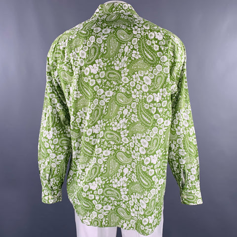 BARNEY'S NEW YORK Size XL Green White Paisley Cotton Long Sleeve Shirt