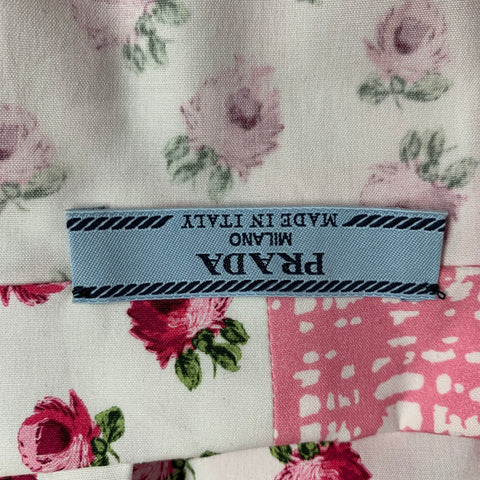 PRADA Size L Pink White Mixed Fabrics Floral Crosshatch One Pocket Camp Shirt