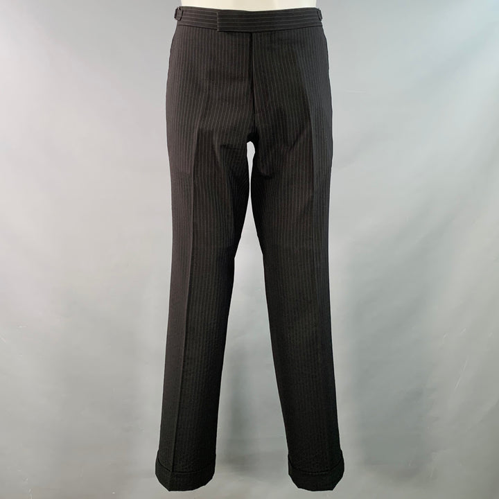RALPH LAUREN Size 38 Regular Black Pinstripe Wool Double Breasted Peak Lapel Suit