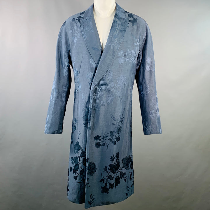 HAIDER ACKERMANN Size 38 Teal Jacquard Linen Blend Single Breasted Peak Lapel Coat