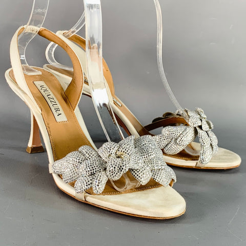 AQUAZZURA Size 8 Silver Silk Floral Rhinestone Embellishment Slingback Sandals