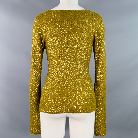 DONNA KARAN Size S Gold Olive Cashmere Silk Sequined V-Neck Long Sleeve Pullover